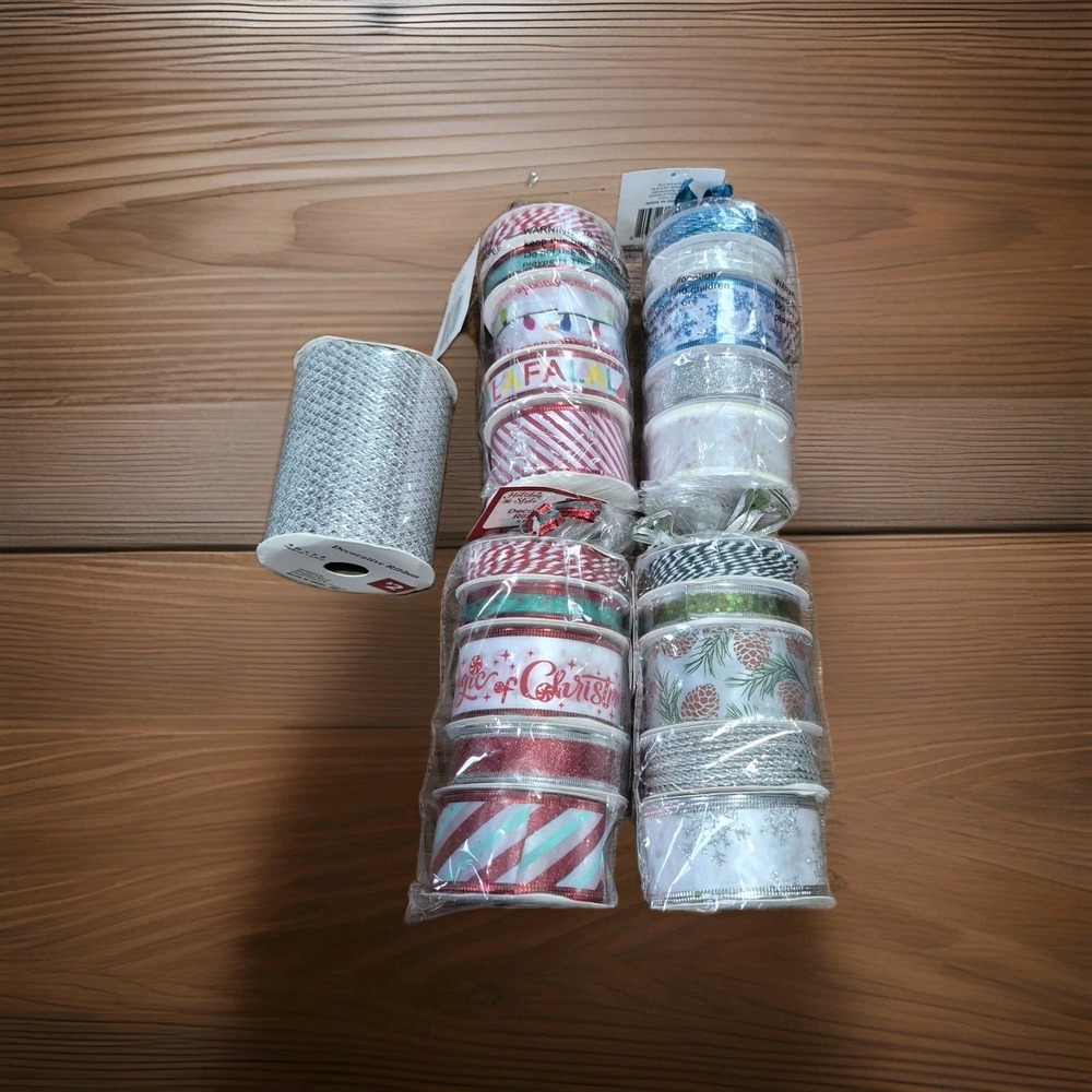 Lot of Christmas Craft Ribbon Wired Holiday Multi Pack Blues Silver Sparkle Cord